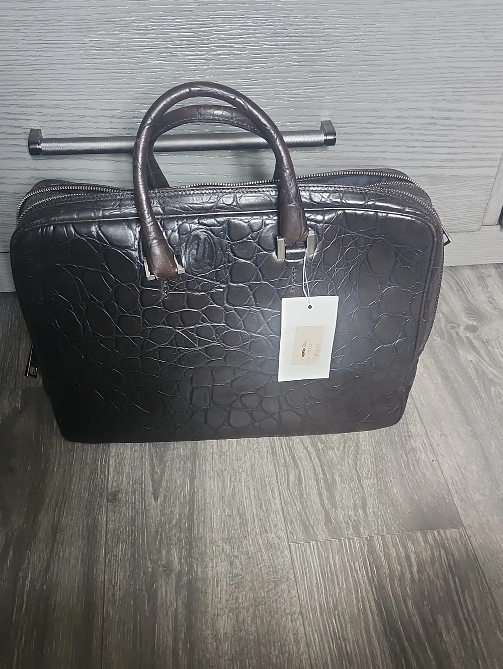 Croc-Embossed Leather Briefcase - Chocolate Brown